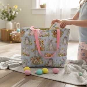 Easter Themed Tote Bags Bunny Blue Pink Spring Handbag Handmade New Reusable